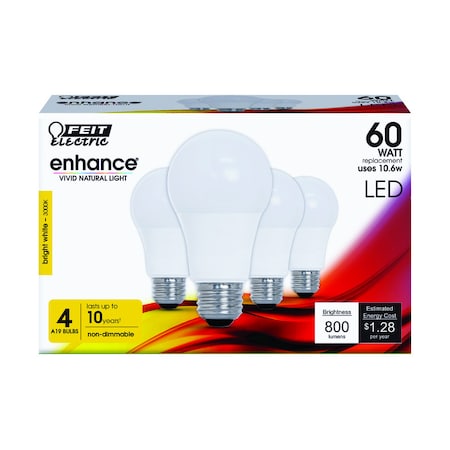 Feit Electric Feit Enhance A19 E26 (Medium) LED Bulb Bright White 60 Watt Equivalence 4 pk OM60/930CA10K/4